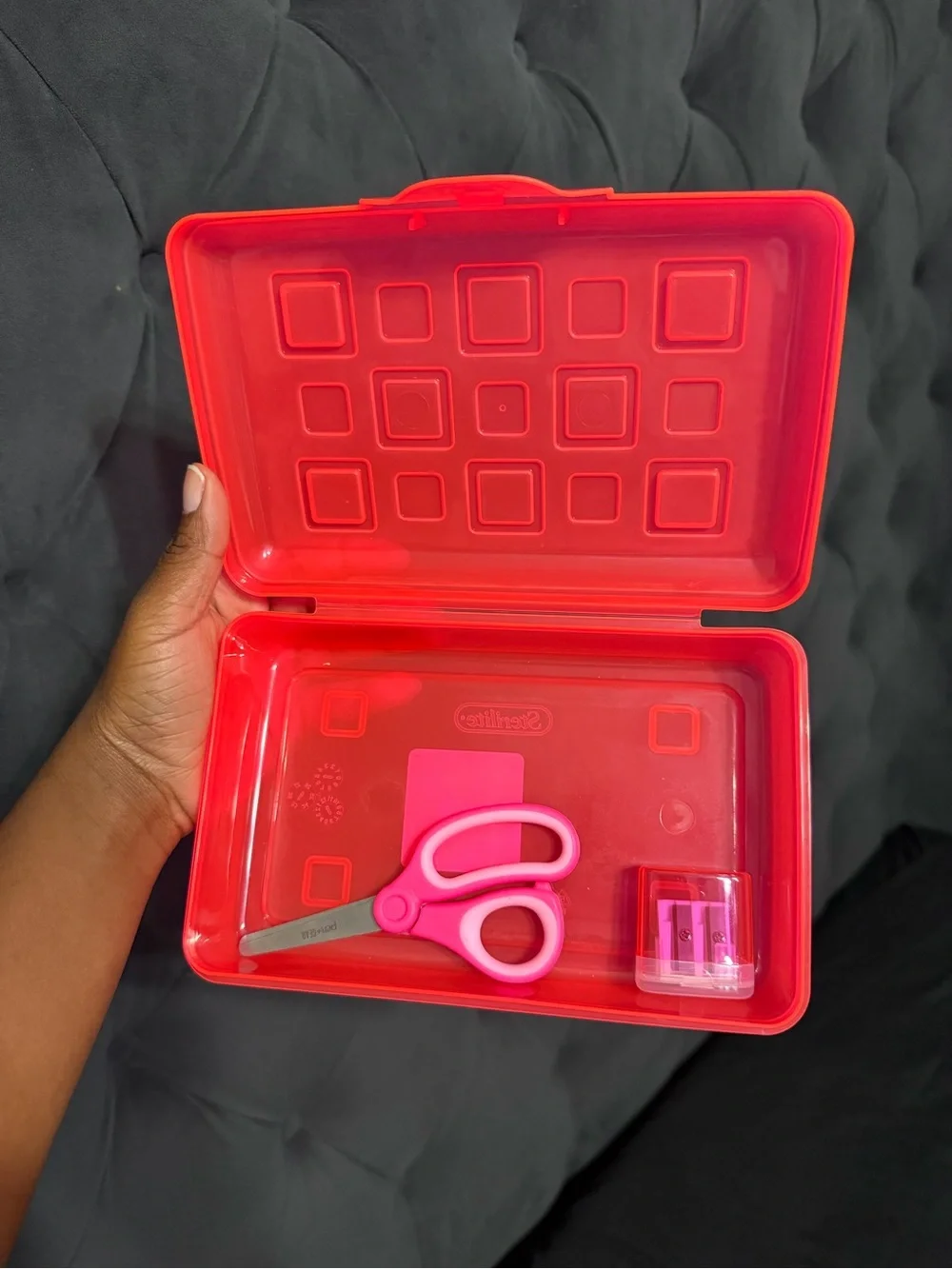 Pink Plastic Pencil Case with Pink Scissors and Sharpener